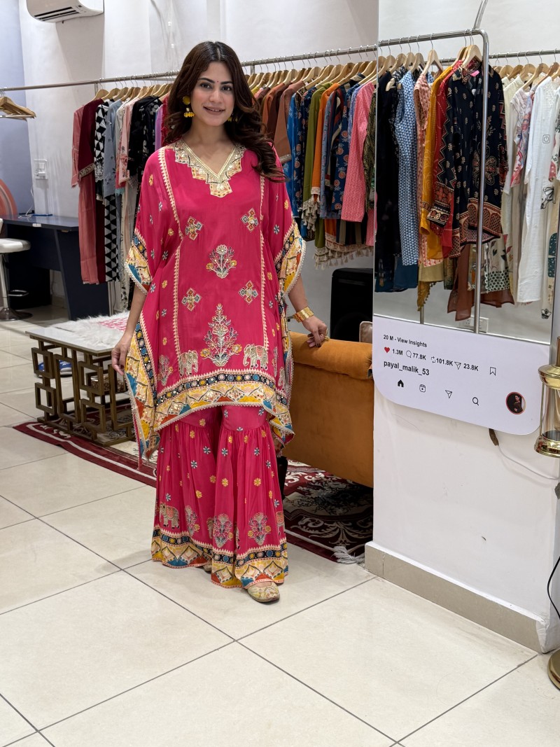 Beautiful Rani Pink / Fuchsia Pink with multicolour traditional prints in mustard, teal, cream and navy blue.