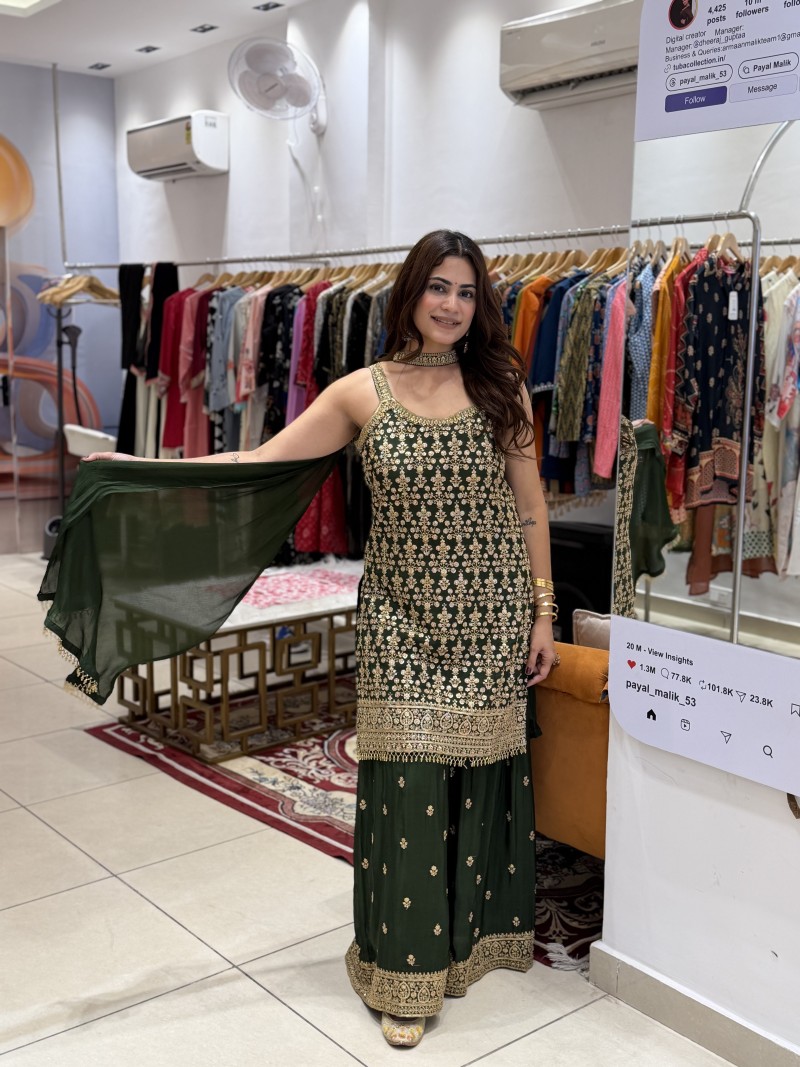 Bottle/Dark Green, highlighted with rich antique-gold embroidery.